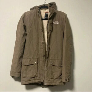 The North Face army  green Sherpa parka with hood